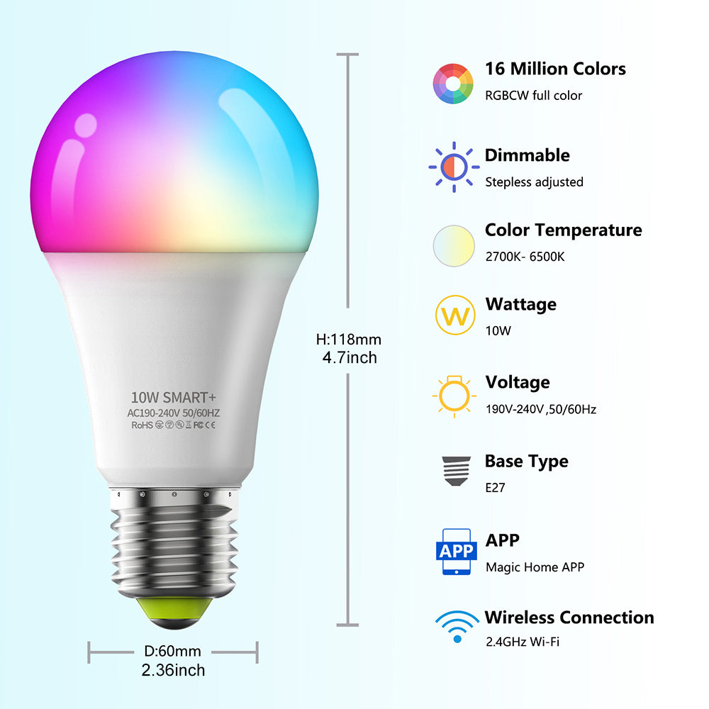 Smart Light Bulb 10W WiFi Dimmable RGB+CCT for Home Lighting view 9