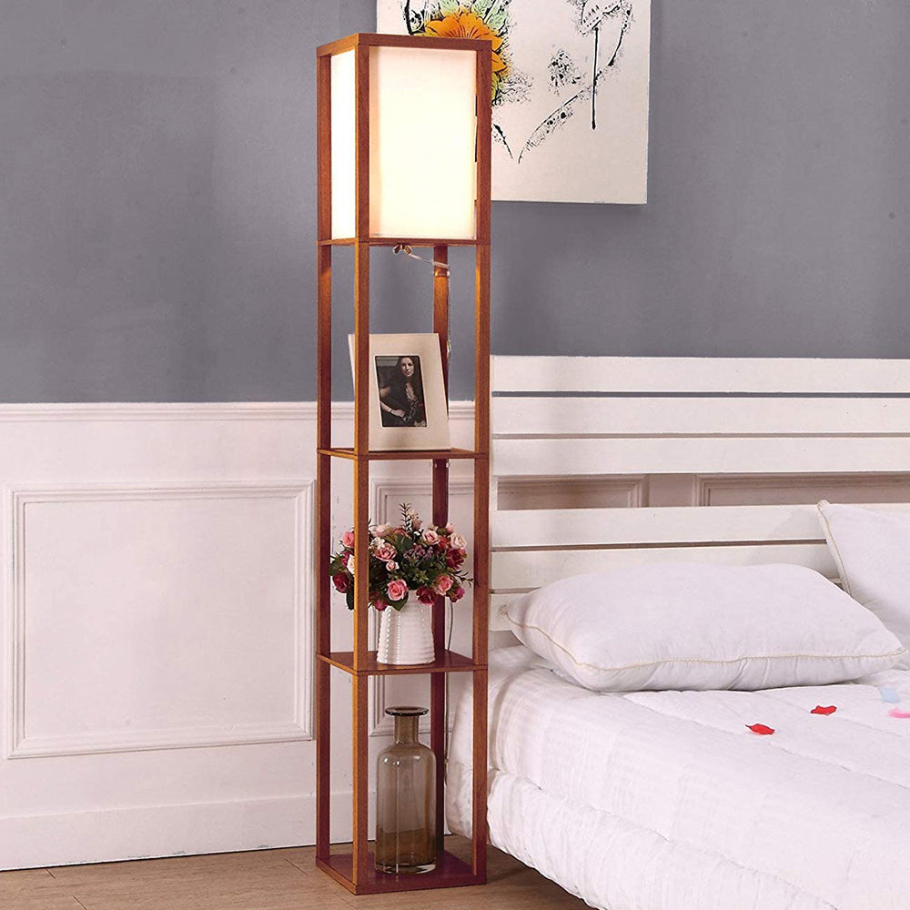 Modern LED Shelf Floor Lamp Walnut Brown Skinny End Table Nightstand view 2