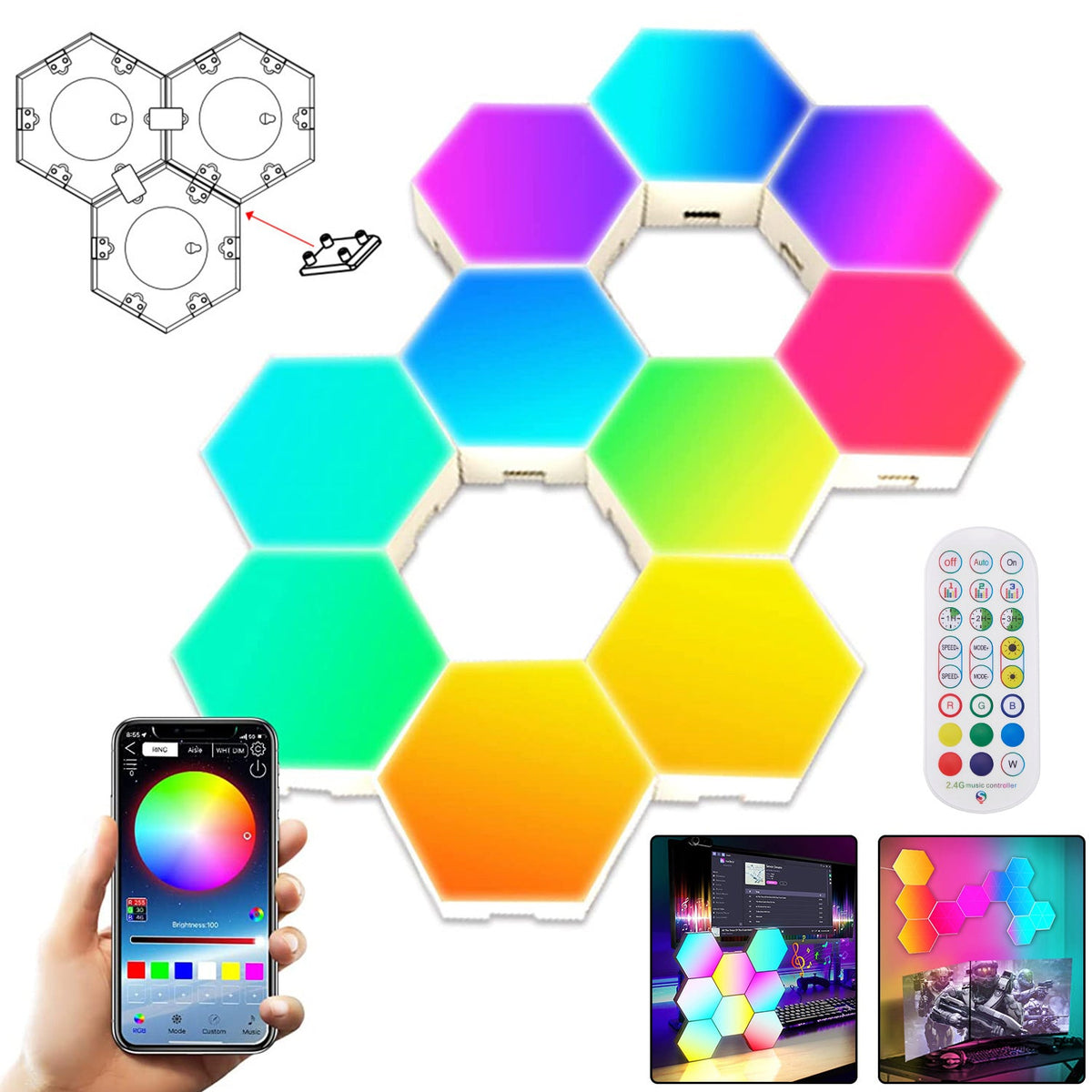 LED Smart Hexagon Lights Table and Wall Lights for Bedroom and Hallway view 2
