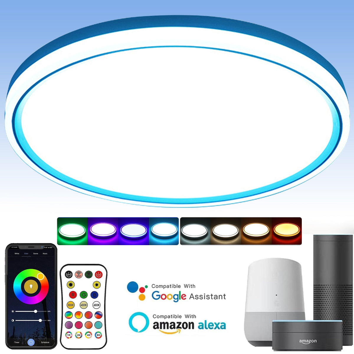 Flush Mount LED Ceiling Light Smart WiFi Bluetooth Remote Control view 2