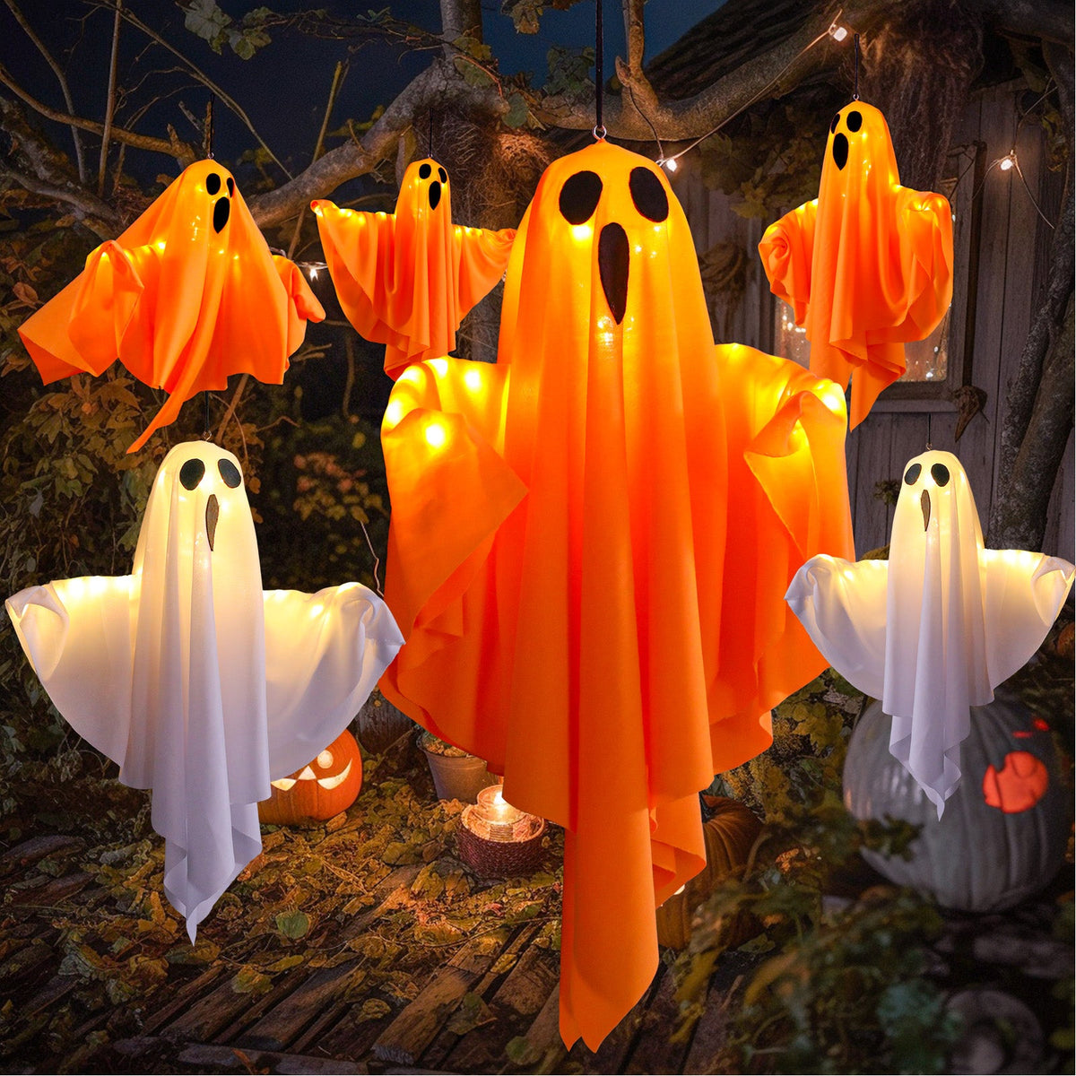 Spooky Halloween Glowing Ghost Hanging LED Lights for Yard Door view 2