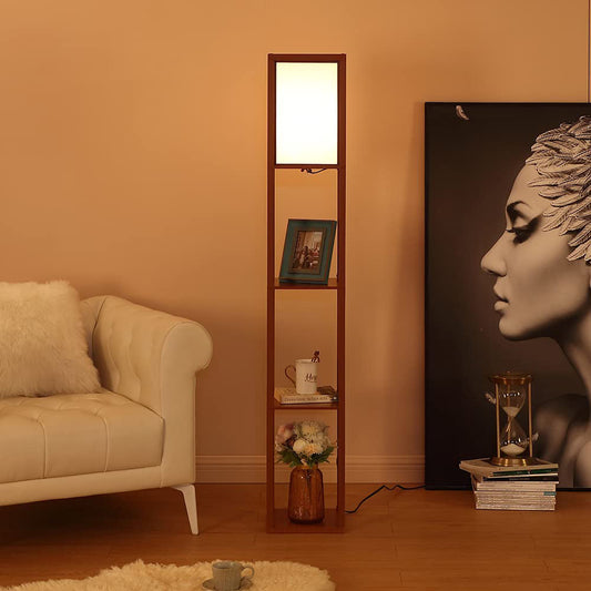 Modern LED Shelf Floor Lamp Walnut Brown Skinny End Table Nightstand
