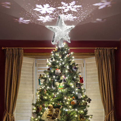 Christmas Tree Topper Star LED Rotating Snowflake Projector Decor