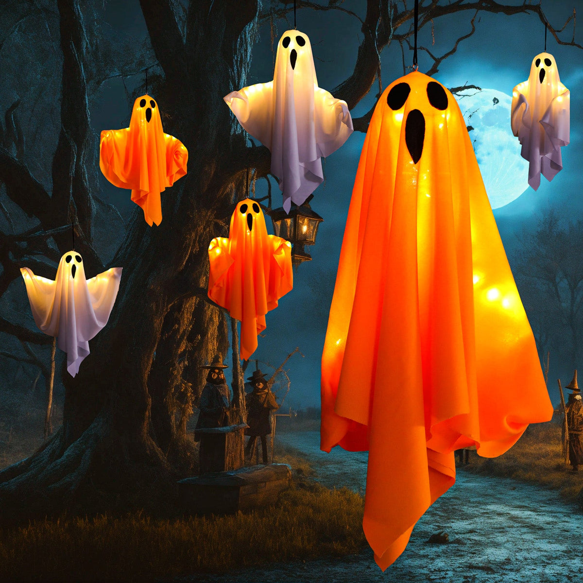 Spooky Halloween Glowing Ghost Hanging LED Lights for Yard Door view 4