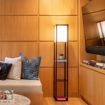 Modern LED Shelf Floor Lamp Walnut Brown Skinny End Table Nightstand view 3