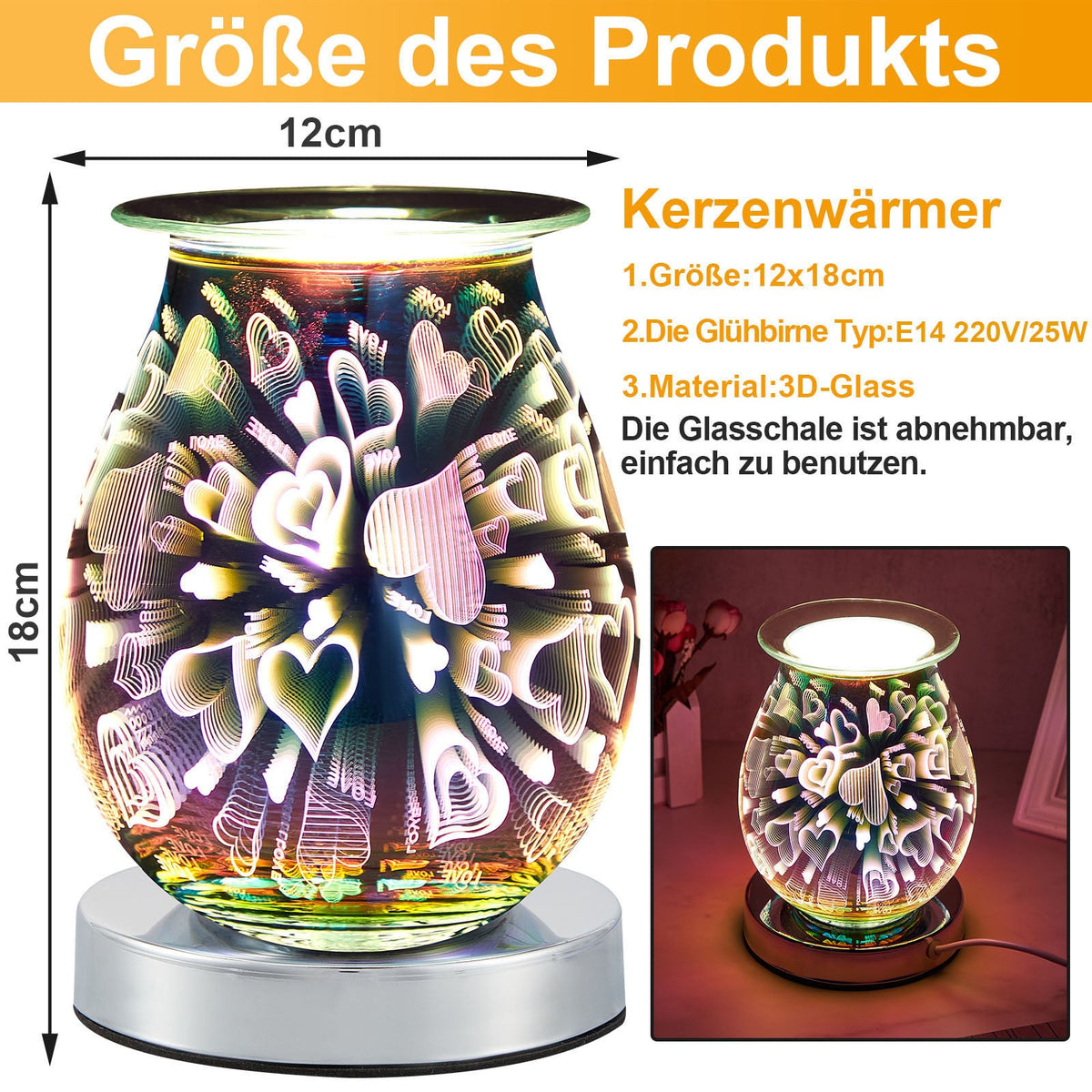 Electric Wax Melter Dimmable 3D Glass Heart Candle for Home Fragrance view 3