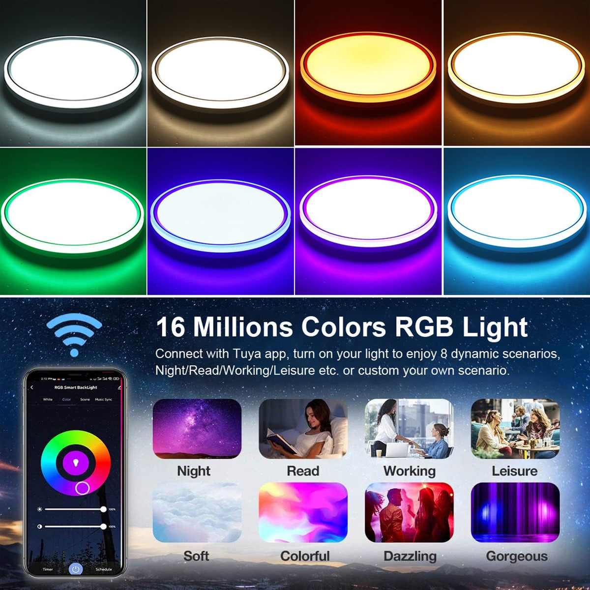 Flush Mount LED Ceiling Light Smart WiFi Bluetooth Remote Control view 3