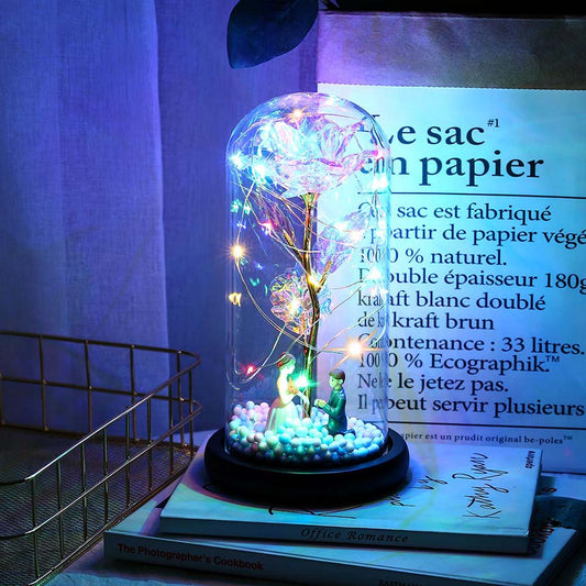 Romantic Rose in Glass Dome with LED Fairy String Lights for Bedroom