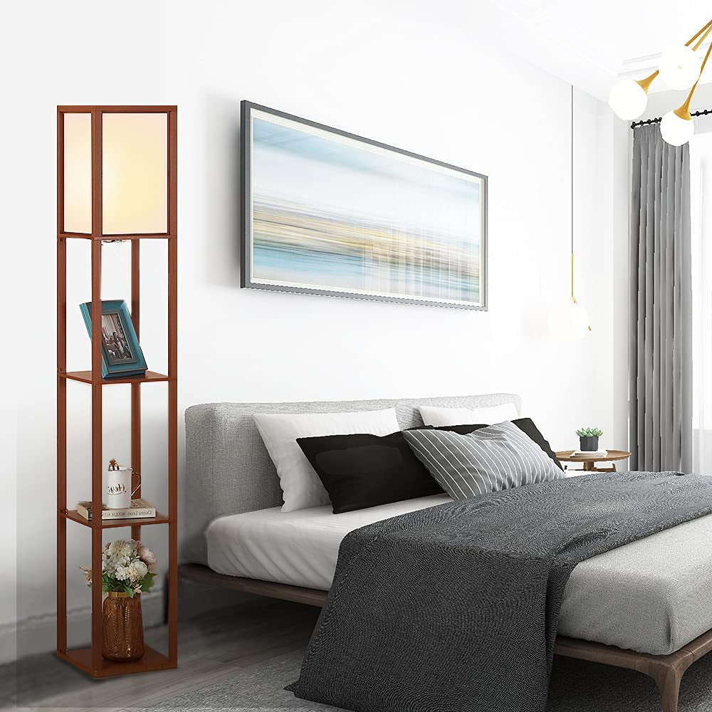 Modern LED Shelf Floor Lamp Walnut Brown Skinny End Table Nightstand view 5