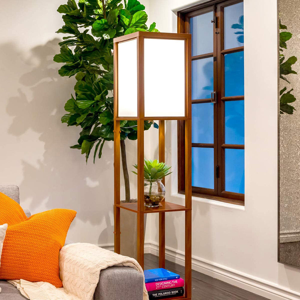 Modern LED Shelf Floor Lamp Walnut Brown Skinny End Table Nightstand view 7