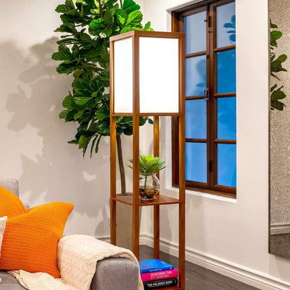 Modern LED Shelf Floor Lamp Walnut Brown Skinny End Table Nightstand view 7