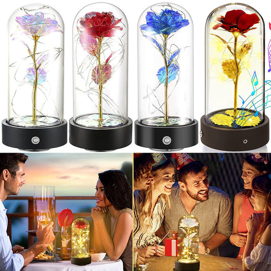 Music Box Rotated Forever Rose Flower with LED Lights for Desk Decor